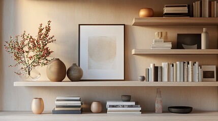 Modern shelf unit styled with sleek decor books stacked neatly decorative vases small plants and framed art warm lighting creating a cozy and elegant room ambiance 