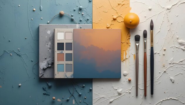 Sunset Landscape Painting Supplies Flatlay