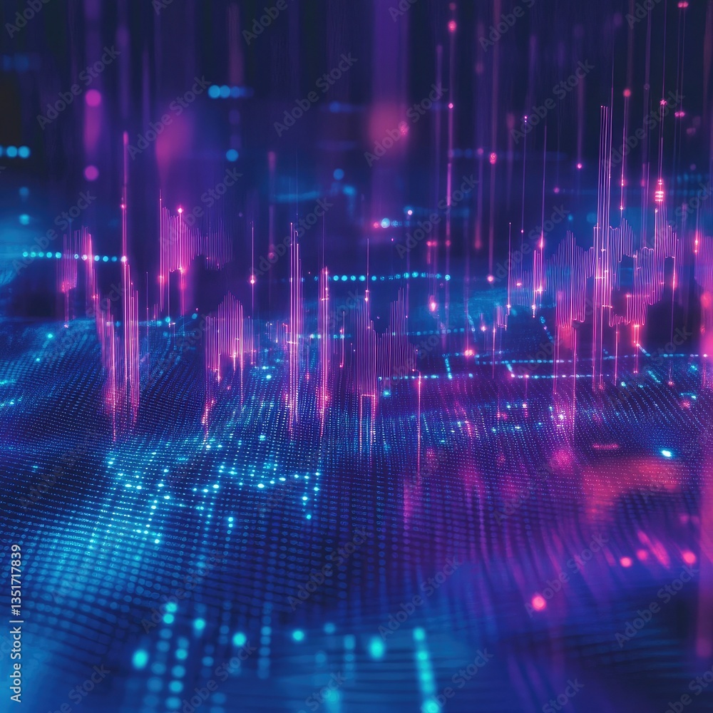 Poster abstract pink and blue glowing digital landscape with data streams and visualizations