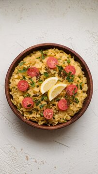Aval upma or poha  upma or kanda poha upma,healthy indian breakfast item which is very tasty and easy to cook and it is arranged in a wooden bowl with white textured background.
