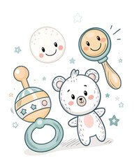 Fototapeta premium Cute teddy bear with toys on playful background on transparent background