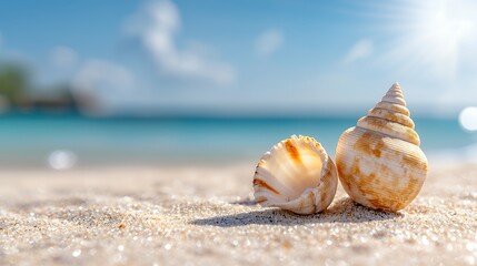 Seashells on Sandy Beach with Sparkling Waters and Blue Sky