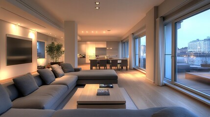 Naklejka premium Modern Swedish living room with sleek gray furnishings, light wood flooring, and soft warm lighting, accented by minimalist decor and large windows, wide-angle shot. 