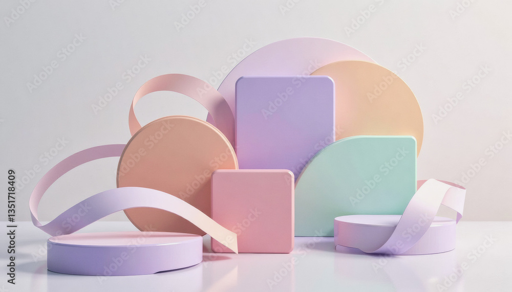 Poster soft pastel shapes and ribbons intertwine in an abstract composition, creating a modern and minimali