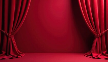 Luxurious velvet curtains, deep crimson backdrop, interior, dramatic, red