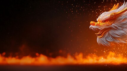 Fiery golden dragon head, detailed scales and flowing mane, set against a dark, smoky background with orange flames