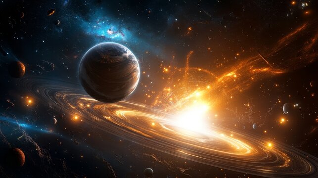 Majestic Cosmic Scene Planet Orbi in a Fiery Galactic Event Vast Universe Digital Art Stunning Visuals
