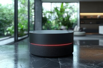 Futuristic Matte Black Podium with Subtle Red Accent in Modern Interior Setting