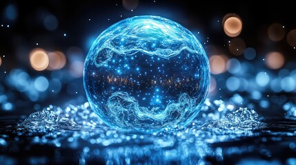 Glowing blue sphere, water splash, bokeh background, digital art