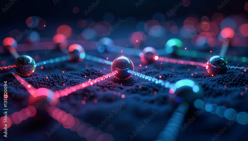 Aufkleber glowing spheres connected by intricate lines form a futuristic network against a dark, abstract back