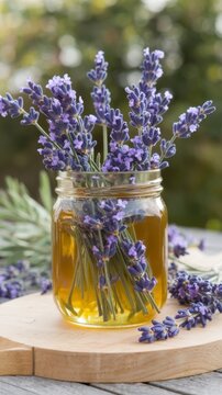 Lavender flowers in a jar of honey on wood