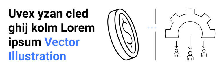 Vertical coin icon next to gear with user figures representing money, teamwork, and systems. Ideal for business, marketing, finance, economy, workflow, technology simple landing page