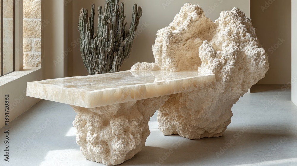 Aufkleber a unique stone bench stands in front of a window display