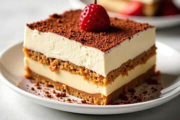 Classic tiramisu dessert, layers visible, isolated , yummy, italian dessert, coffee-flavored