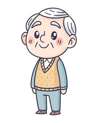 Cartoon elderly man smiling in knitted sweater on transparent background