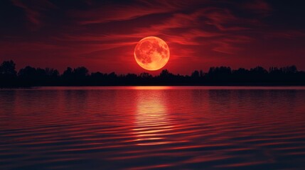 Red moon over water, dramatic sky, tranquil scene