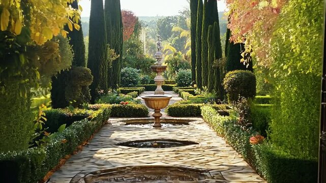 Enchanting View of Lush Italian Garden Featuring Stone Pathway and Elegant Fountain