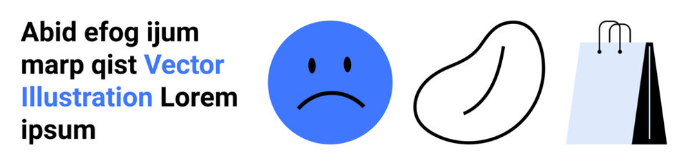 Sad blue face emotion, abstract bean shape, shopping bags and placeholder text in minimal vector design. Ideal for emotions, abstract art, shopping themes, branding concepts, modern infographics, web