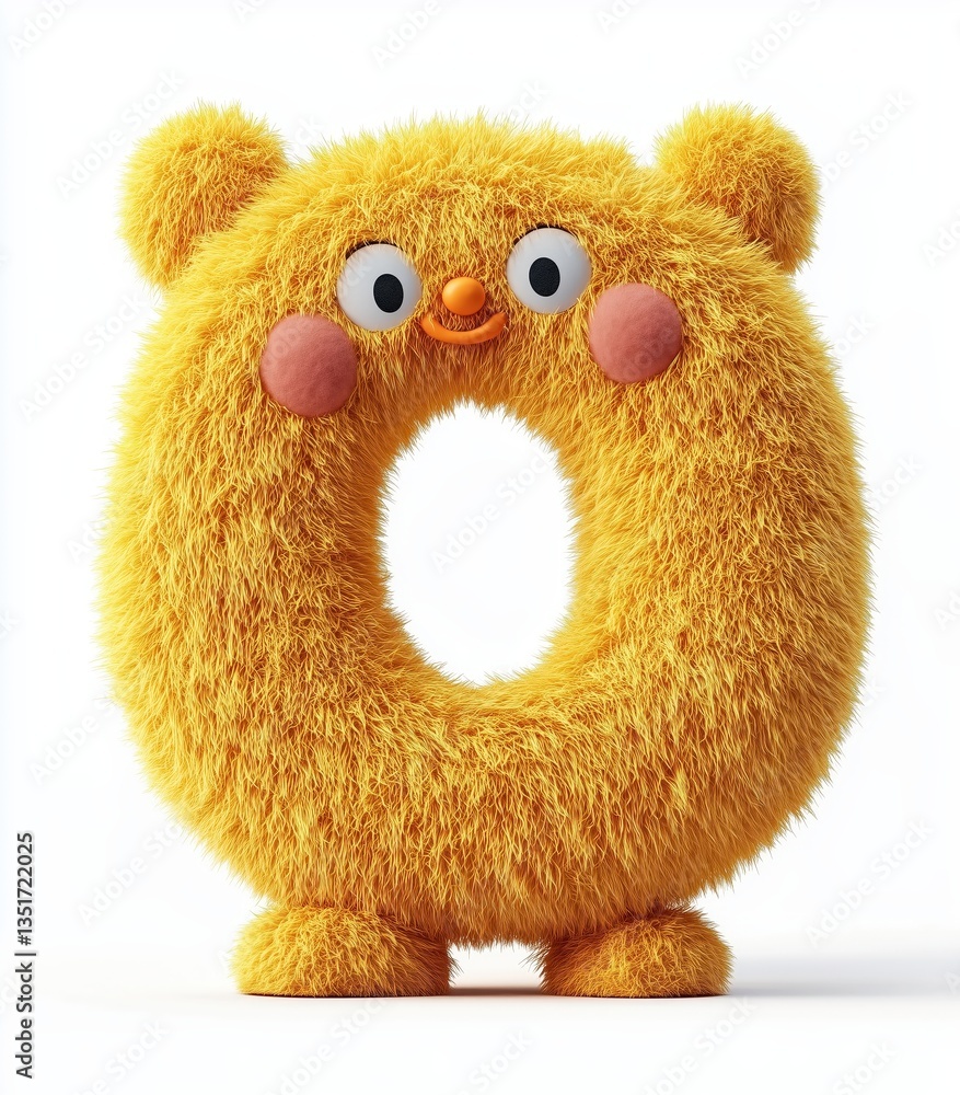 Poster fluffy yellow character with googly eyes and peach cheeks forms a soft and whimsical letter shape. a