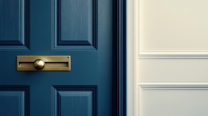 A classic wooden door painted in muted navy blue, featuring a vintage brass doorknob and a horizontal mail slot, isolated against a pale cream background