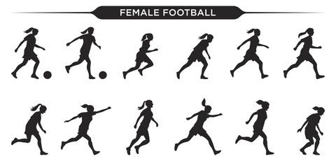 Silhouette of female soccer players in dynamic action poses