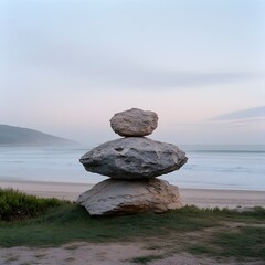 Balanced rocks, beach dawn, ocean backdrop, zen