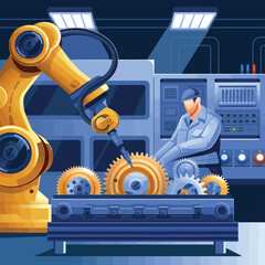 2d vector illustration colorful machine , worker and Industry and its development technology, factories and production lines icon , Industry 
