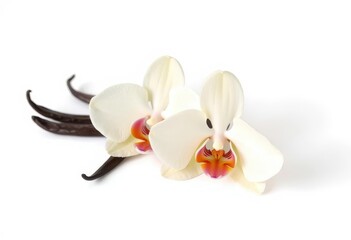 Aromatic vanilla pods and delicate orchid flower, isolated on white, pods, fragrant
