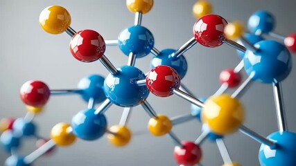 Close-up view of colorful molecular structure showcasing atoms connected by bonds against a blurred background - Powered by Adobe
