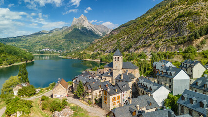 Aerial view of Lanuza village in the Tena Valley, Huesca province, Spain.