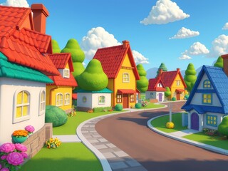 Cartoon house images, rural landscape with houses, village house images, cartoon village house images, cartoon road images