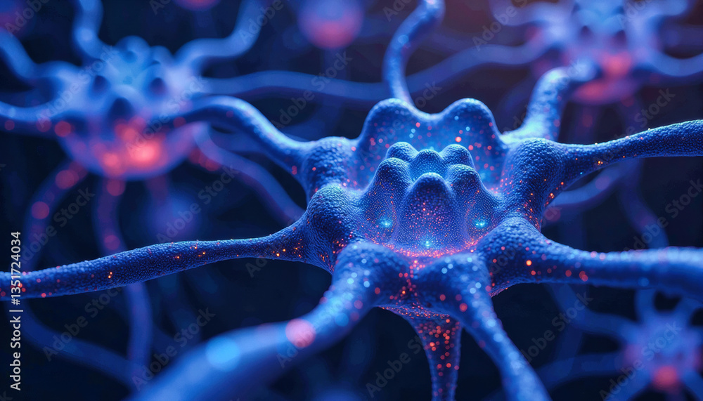 Poster glowing blue neurons intricately connect, highlighting the complex network within the brain. graphic
