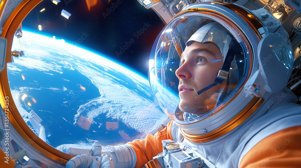 Poster an astronaut observes the stunning view of earth from a spacecraft while floating in low earth orbit