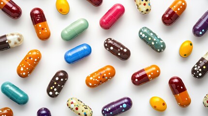 Mixed colorful capsules on white background