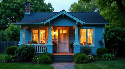 Charming Blue Cottage Illuminated at Dusk, Peaceful Suburban Home with Welcoming Porch and Lush Landscaping