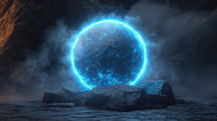 Glowing Orb on Rocks, Dark Cave Background, Fantasy Scene