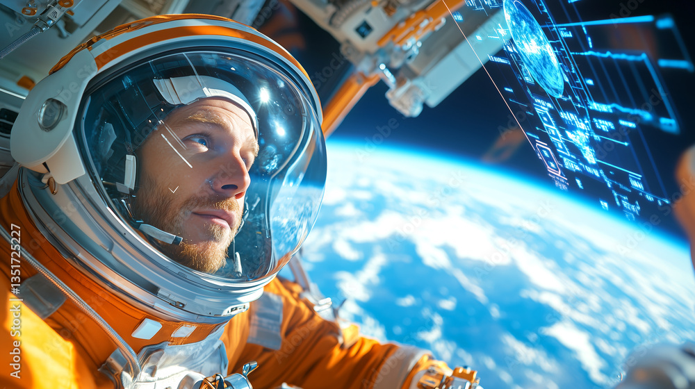 Poster an astronaut in a bright orange suit examines the planet below while floating in a spacecraft