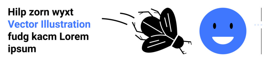 Blue smiling face emotion alongside a dynamic flying black fly with motion lines. Ideal for humor, contrast, nature, expression, minimalism, emojis, simple landing page