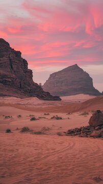 Red sand dunes and rock formations in Wadi Rum desert under pink sky