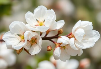 Delicate white cotton blossoms on a branch, showcasing fluffy texture and gentle curves, fluffy,  closeup photography