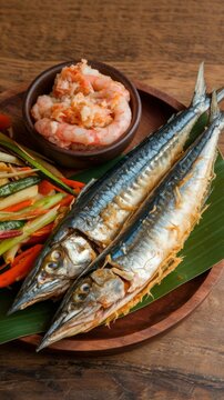 Shrimp paste with fried mackerel and vegetable on wood