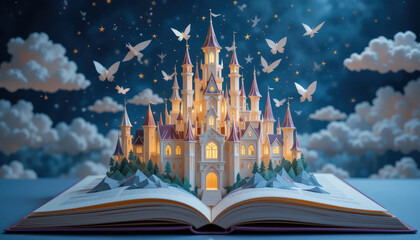 Fantasy pop-up book, magical castle, paper craft