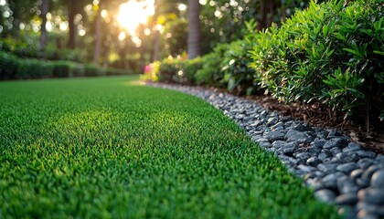 Obraz premium Serene Sunset Garden: Lush Green Artificial Turf and Natural Stone Border