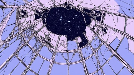 A broken dome reveals a star filled night sky above