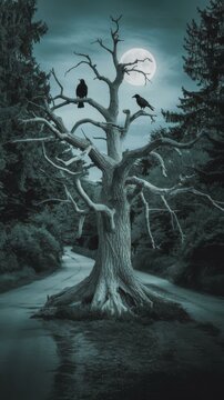 Scary dead tree night in the mysterious forest with moon light and three crows