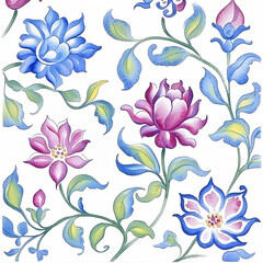 Watercolor floral pattern blue, pink lotus decorative motif, traditional oriental style porcelain botanical illustration, ornate flower leaves curling art design white background.