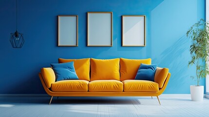 Orange armchair and blue sofa near a blue wall with framed art for a vibrant and cozy space