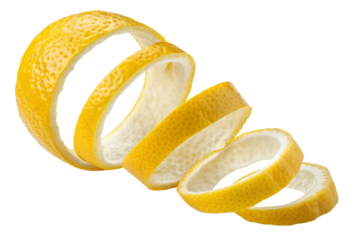 A realistic lemon peel twisted into a spiral, showing a bright yellow outer layer and a white pith inside, isolated on a transparent background.