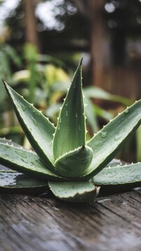 Aloe plant with wet drops close up