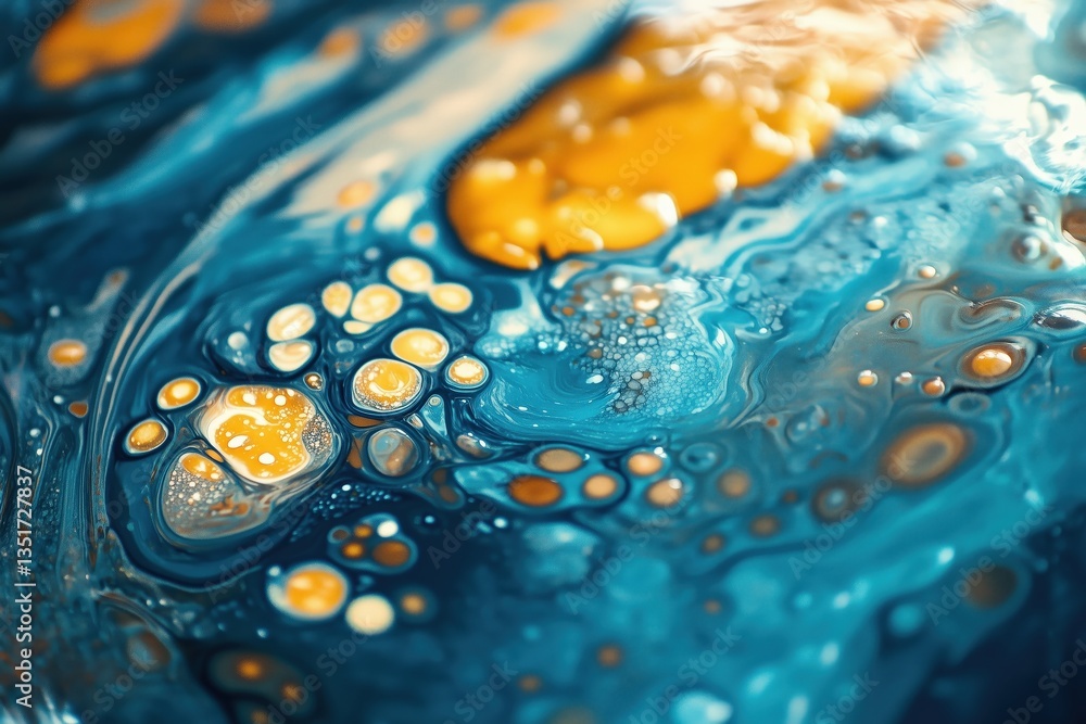 Poster abstract swirls of blue and gold create an ethereal depth. organic shapes and contrasting colors ble